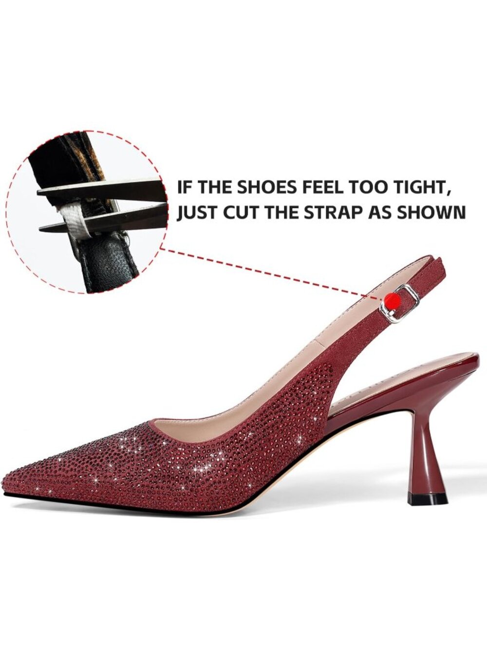 Women's Burgundy Kitten Heels Slingback Low Heel Shoes Closed Toe Rhinestone - Picture 5 of 7